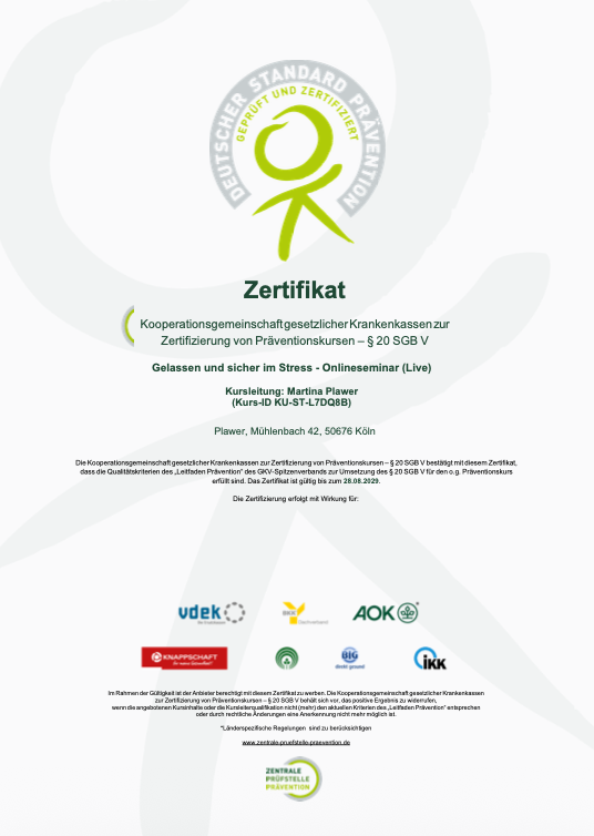 Zertifikat Zentrale Prüfstelle Prävention, Kurs-ID KU-ST-L7DQ8B